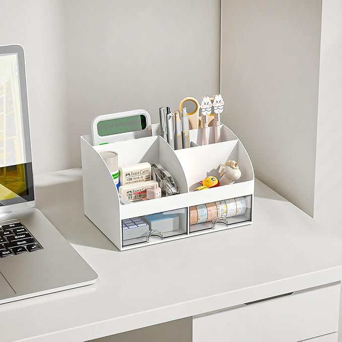 Desk Organizer with 6 Compartments and 2 Drawers, Plastic Makeup Organizer, Pen Holder for Desktop Storage, Desk Organization for School, Home, Office Supplies (White)