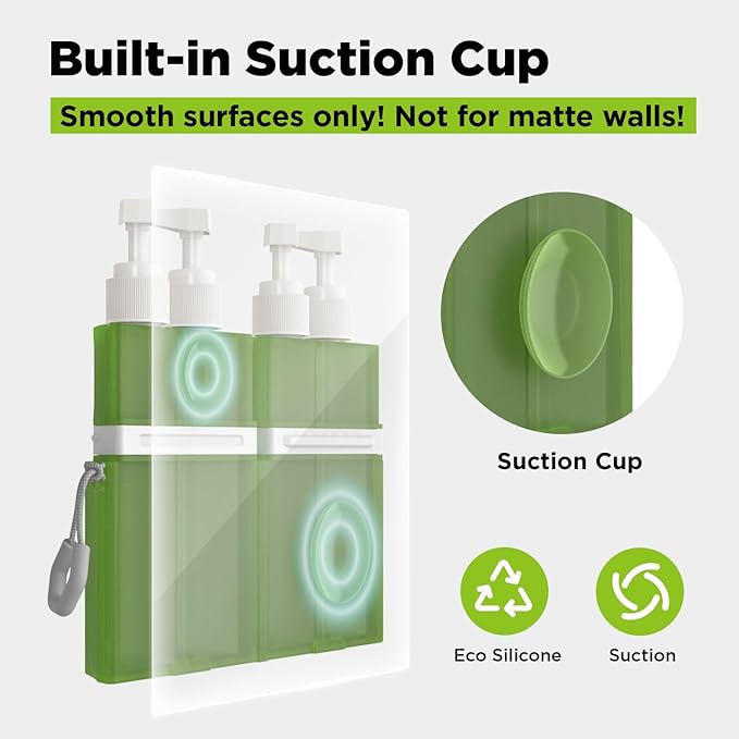 4 in 1 Travel Dispenser Bottle,TSA Approved Refillable Travel Size Toiletries Bottles Set with Suction Cup for Smooth Walls - for Shampoo,Conditioner,Body Wash,Lotion.(Green)