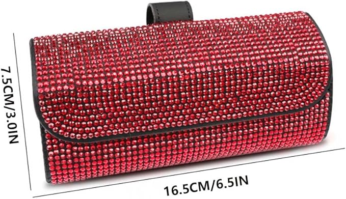 Riloer Glasses Holder for Car Sun Visor, Universal Full Rhinestone Sunglasses Clip Storage Case, Front Sun Visor Mount Organizer Case for Glassess, Bling Red
