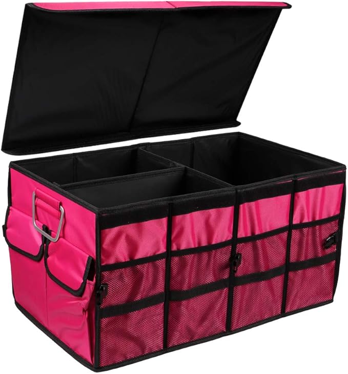 Car Trunk Organizer for SUV, Truck, Auto. Durable Collapsible Cargo Storage. With Extremely Strong Non-Slip Bottom Strips, Waterproof Bottom, Durable Materials(Large covered,Rose Red)