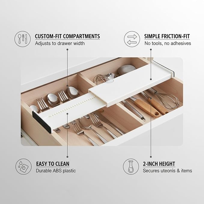Expandable Drawer Organizer Insert - Tool-Free Adjustable Divider for Kitchen, Bathroom & Office Storage (1 Piece, White)