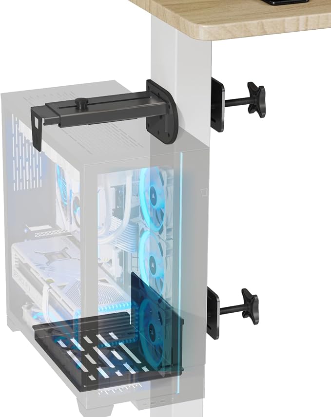 JOY worker Under Desk PC Mount for Standing Desk, Clamp-On Desk Leg Computer Mount, No Drilling, Adjustable Computer Case CPU Holder Holds Up to 44lbs, Black PC Tower Mount