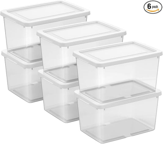 Sterilite 6 Pack Storage Boxes, Clear Plastic Stackable Containers, Lightweight Home Organizers with Snap Lids, 20 Quart, White