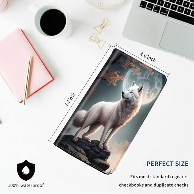 Checkbook Cover - PU Leather Standard Duplicate Register Check Card Book Holder Wallet with RFID Blocking Function for Girl Men Women, White Wolf