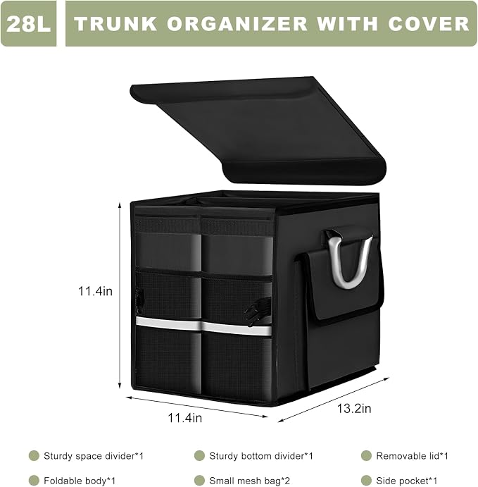 Car Trunk Organizer with Lid, 28L Waterproof Oxford Fabric Auto Trunk Cargo Storage Box w/Aluminium Alloy Handle, Collapsible 2-Compartment Storage Organizer for RV SUV Truck (Black)
