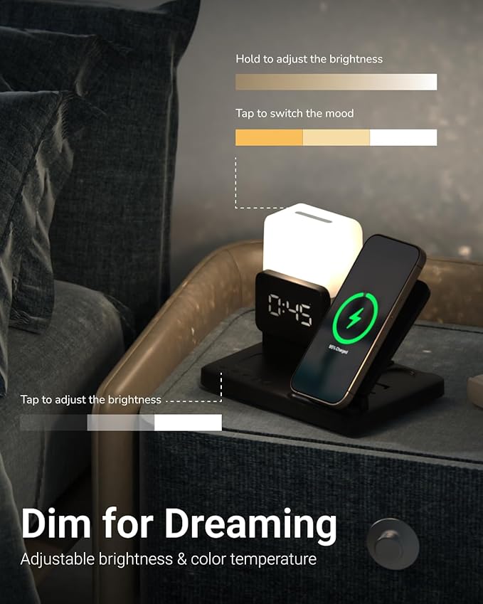 M.A.D LAB Bedside Apple Charging Station & Alarm Clock with Night Lamp ??Wireless Charger Designed for AirPods, AirPods Pro 2 & Apple Watch and Qi-Compatible for iPhone and Android Phone Charger