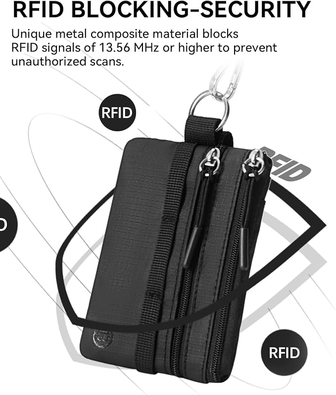 BOSTANTEN Small Wallet RFID, Minimalist Zip ID Case Wallet with Lanyard Keychain, Water Resistant Card Wallets for Women & Men, Black