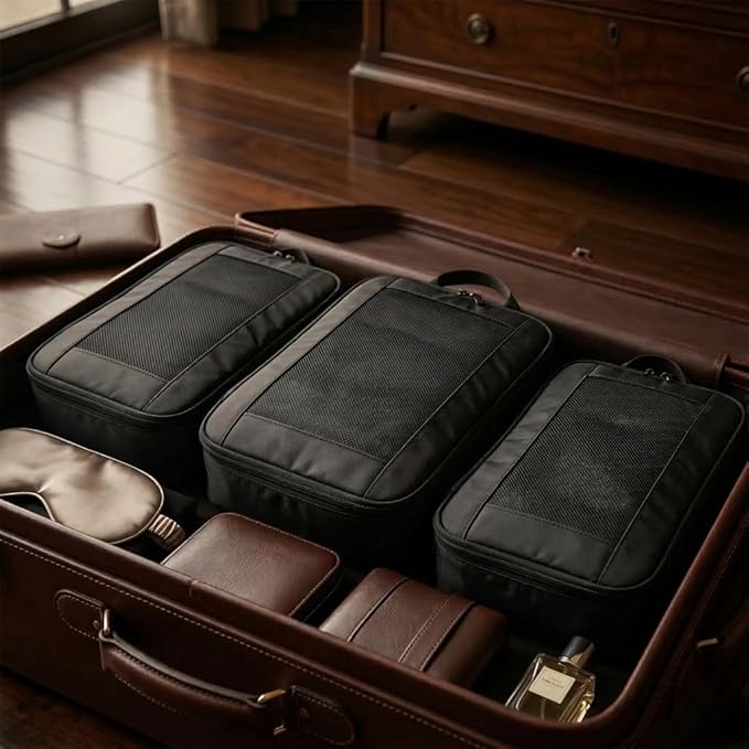 G-FORCE 3PC Compression Mesh Mid-Rectangular Packing Cube Set Black Color | Space Saver Travel Organizer | Luggage Compression Cubes