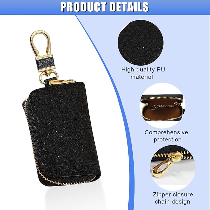 Bling Car Key Case, Leather Keyring Zipper Bag with Metal Hook, Remote Key Fob Cover, Auto Keychain Holder (Black)