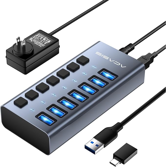 Powered USB 3.2 Hub, ACASIS 7 Ports USB 3.2 Hub with 10Gbps Data Speed, Aluminum Housing, USB Hub Powered with 24W Power Adapter, USB Hub for PC/Laptop, Computer, Flash Drive, Printer, Camera