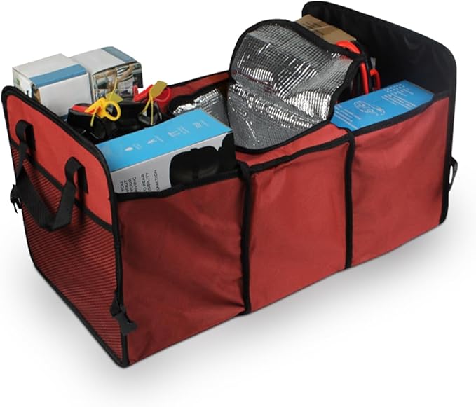 Car Trunk Organizer, Oxford Fabric Waterproof & Anti-Slip Vehicle Storage Box with Leak Proof & Insulated Cooler Bag, Large Capacity Foldable Auto Storage Box for Car, SUV, Truck (Red)