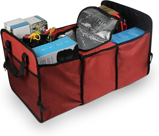 Car Trunk Organizer, Oxford Fabric Waterproof & Anti-Slip Vehicle Storage Box with Leak Proof & Insulated Cooler Bag, Large Capacity Foldable Auto Storage Box for Car, SUV, Truck (Red)