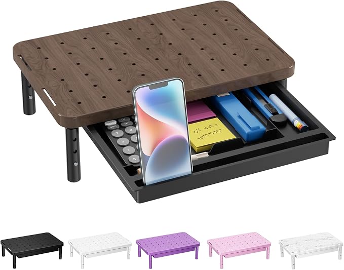 WALI Plastic Computer Monitor Stand with Storage, Desk Monitor Riser 3 Height Adjustable, Laptop Riser with Airflow Vents, Desk Organizer for Computer, Laptop, Printer (PTT002-C), 1 Pack, Brown