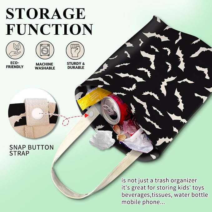 Car Trash Can, Cute Car Trash Bag, Hanging Car Organizer and Storage Bag, Trash Bin for Car Accessories, Vehicle, Travelling, Camping Halloween Bats Pattern