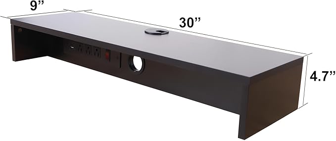 Rocelco 30" Dual Monitor Stand with AC Outlets and USB Power/Charging Strip - Wood Laptop TV PC Riser Shelf with Keyboard Mouse Storage and Cable Management - Black (R DMSV)