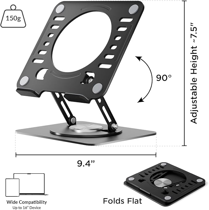 Uncaged Ergonomics Swivel Laptop Stand for Desk, Adjustable Computer iPad Stand for Desk w/ 360 Rotation, Portable Laptop Holder for Home Office Ergonomic Supplies (Black)