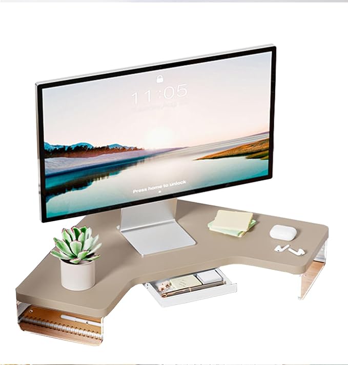 ROYUMI Corner Monitor Stand - Clear Acrylic Leg & Wood Screen Stand, L-Shape Desk Triangle Riser for Monitor/Laptop/Computer, Organizer With Drawer (Brown)