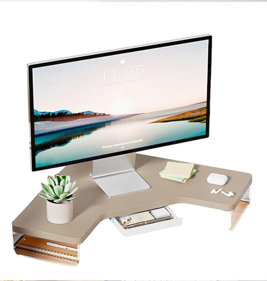 ROYUMI Corner Monitor Stand - Clear Acrylic Leg & Wood Screen Stand, L-Shape Desk Triangle Riser for Monitor/Laptop/Computer, Organizer With Drawer (Brown)