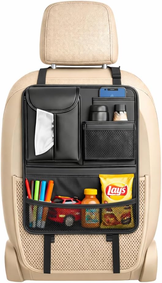 Car Seat Back Organizer with 5 Pockets, Backseat Storage Organizer for Travel, Water-Resistant, Easy Install, Keeps Car Tidy