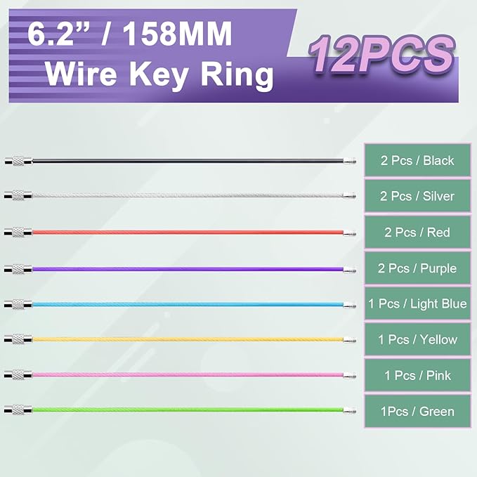 12 Pack 6" Key Ring Wire Keychain Cable Keyring Keychain Holder Clips Large Loops for Car Keys Tags, Luggage Bag Tags, Crafts (Assorted, 2mm)