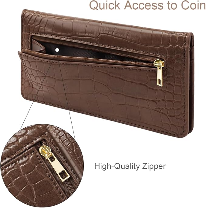Wallet Women Bifold Faux Crocodile Leather Minimalist Slim Thin Long Wallets RFID Blocking Credit Cards Holder Purse with Back Zipper Coin Pocket for Women and Men,Coffee