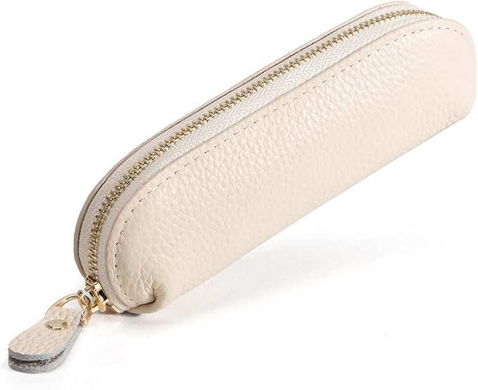 Full Grain Leather Coin Pouch - Travel Small Coin Purse with Zipper - Mini Key Pouch Change Purse for Women and Men (Off White, Large Size)