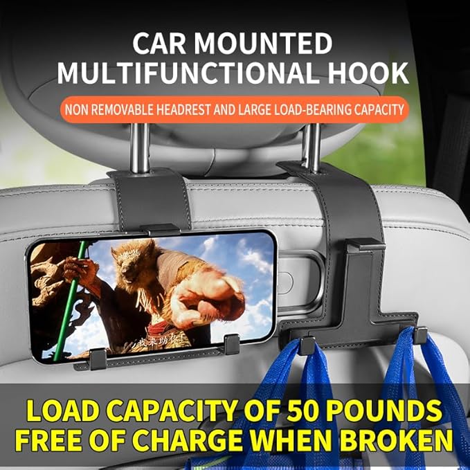 Car Hooks for Headrest, Multifunctional Luxurious Leather and Magnesium Alloy Car Seat Back Hook & Mobile Phone Holder, Double Headrest Hanger Storage Hook for Purses, Handbags (Black)