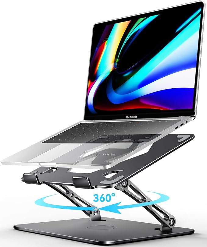 ivoler Adjustable Laptop Stand with 360° Rotating Base, Ergonomic Laptop Stand for Desk, Foldable & Portable Laptop Riser, Suitable for Collaborative Work, Fit MacBook Laptops up to 16 inches[Black]