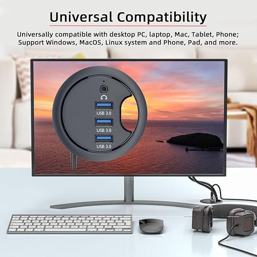 ChenYang USB 3.0 Flush Mount Desktop HUB,3 USB 3.0 Port HUB Grommet Hole 2.36"(60mm) with 3.5mm Audio Port