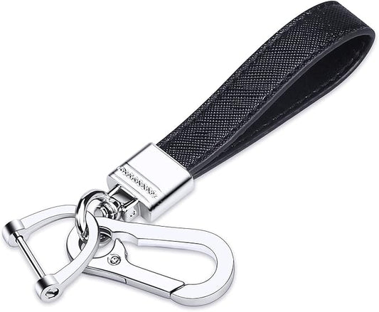 QBUC Genuine Leather Car Keychain,Universal Heavy Duty Metal Key Chain Accessories,Car Fob Key Keychain Holder with 360 Degree Rotatable Snap Swivel and Anti-Lost D-Ring for Men Women(Black)