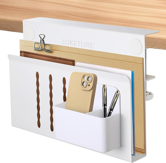 LUKETURE Laptop Holder, Steel Desk Side Storage, No Drill Standing Desk Accessories, Laptop Mount with Pen Holder, Back to School Supplies, Fits Flat Edge Tables 0.3" to 2.8" (White, M(1 Tier))