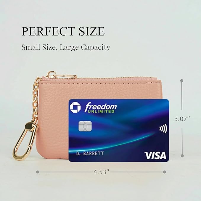 Full Grain Leather Coin Purse with Key Chain - Small Change Purse Keychain Card Holder Keychain Pouch Small Keychain Wallet for Women and Men (Pink)