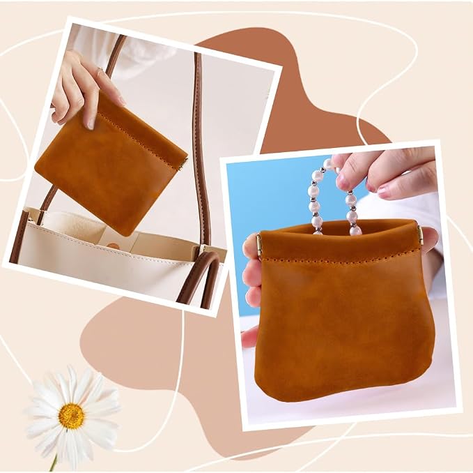 Genuine Leather Mini Squeeze Coin Purse Pouch Small Coin Wallet Change Holder Portable Leather Pocket Cosmetic Bag Travel Makeup Lipstick Pouch Crimp Closure for Women Men