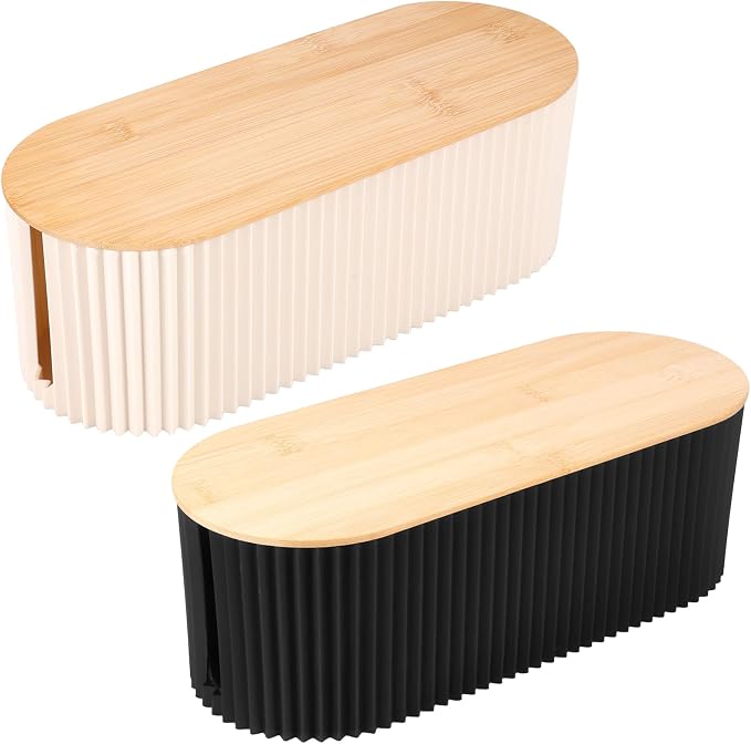 2Pcs Cable Management Box, 13 × 5.12 × 4.33 inch Plastic Cord Hider Box with Wood Lid, Hidden Storage Cord Organizer Box, Ample Internal Space Power Strips Cover Easy Access for Home Office