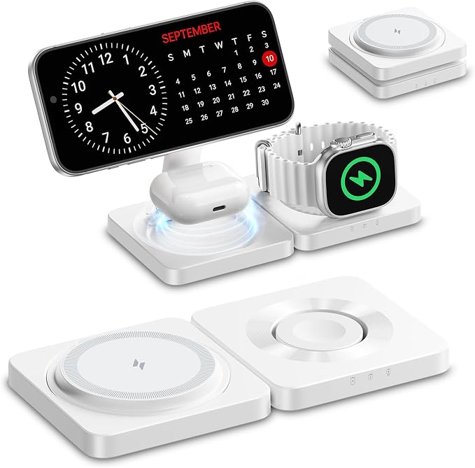 Wireless Charger for iPhone, 3-in-1 Magnetic Charging Station for Apple Device, MagSafe Charger Stand for iPhone 17 16 15 14 13 12 Series, Apple Watch Ultra, Airpods Pro, Foldable, White
