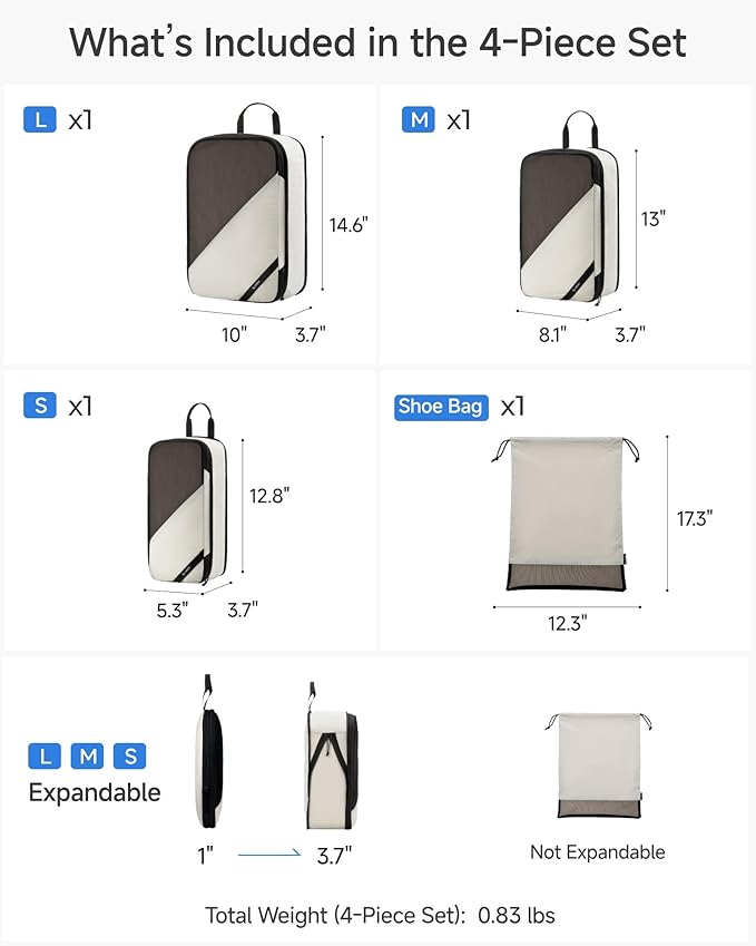 LUGGEX Compression Packing Cubes for Travel, 4 Set Lightweight Luggage Organizer Bags with Shoe Bag, Space Saving Suitcase Packing Cubes for Carry-On (POX01, Beige)