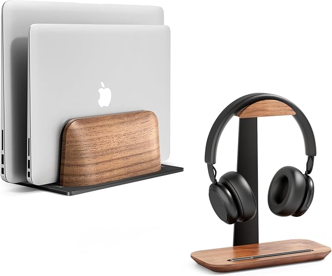 UPERGO Vertical Laptop Stand, Walnut Headphone Stand for Desk