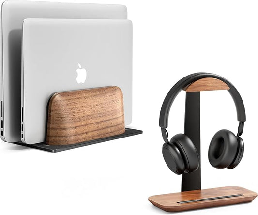 UPERGO Vertical Laptop Stand, Walnut Headphone Stand for Desk