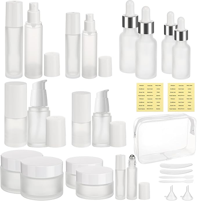 Blushtier 27 Pack Travel Skincare Containers Set 0.4/0.51/0.68/1.7oz Portable Travelling Size Bottles Toiletries Leak Proof Refillable Liquid Essentials with Toiletry Bag for Cosmetic Shampoo