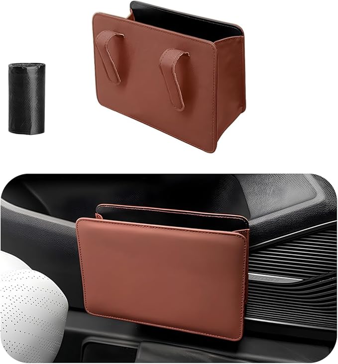 Yourkar Car Trash Can, Foldable Waterproof Leather Car Garbage Organizer Holder, Automotive Mini Dustbin Container with One Roll Trash Bag, Universal Interior Car Accessories (Brown)