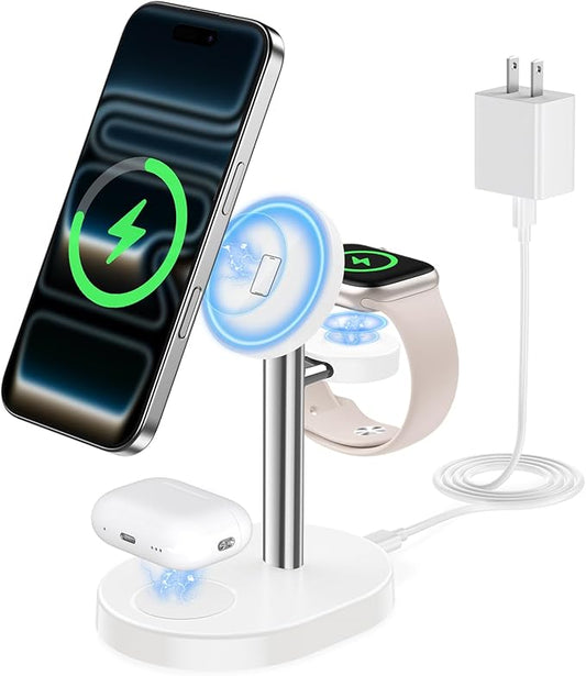 Hevanto 2026 3 in 1 Wireless Charging Station for Apple MagSafe Charger, 15W Fast Magnetic Mag-Safe Charger Stand for iPhone 17 16 15 14 13 12 Apple Watch AirPods Series, SilverWhite