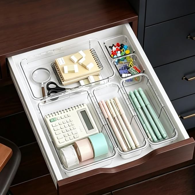Extendable Drawer Organizer, 14 pcs Bathroom & Vanity Adjustable Drawer Organizers Tray, 3-size Clear Plastic Storage Bin for Makeup, Office Desk, Kitchen, Bedroom, Cabinet Drawer