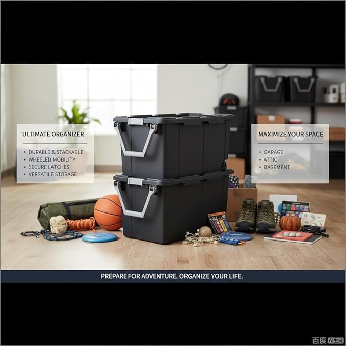 40 Gallon Heavy-Duty Rolling Storage Bins 2-Pack, Dark Gray Industrial Plastic with Pivot Handle, Leakproof Lid & Latches, for Garage Warehouse Equipment Transport & Storage