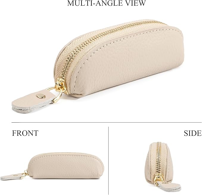 Full Grain Leather Coin Pouch - Travel Small Coin Purse with Zipper - Mini Key Pouch Change Purse for Women and Men (Off White)