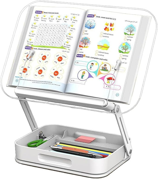 Bisofice Desktop Book Stand for Reading with Rotate Base Acylic Panel Page Clips Storage Compartments Foldable and Angle Adjustable for Laptop Holder Book Magazine Document Tablet (White)