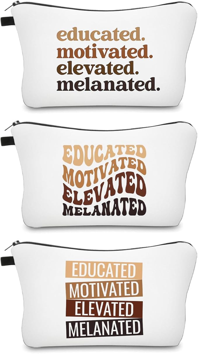 Black Girl Makeup Bag – Educated Motivated Elevated Melanated Cosmetic Bag Set of 3, Inspirational Travel Toiletry Pouch for Women, College Student Gift, Black Excellence Organizer