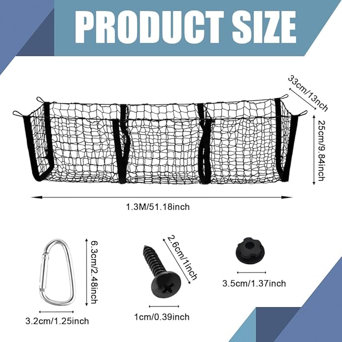 Cargo Net Trunk Bed Organizer, Mesh Storage Net with 4 Metal Buckles, Expandable 3 Pocket Heavy-Duty Cargo Net Organizer Trunk Accessories Universal Fit Car SUV Pickup Truck
