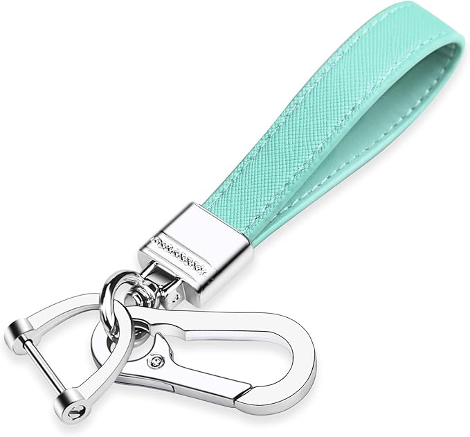 QBUC Genuine Leather Car Keychain,Universal Heavy Duty Metal Key Chain Accessories,Car Fob Key Keychain Holder with 360 Degree Rotatable Snap Swivel and Anti-Lost D-Ring for Men Women(Mint Green)