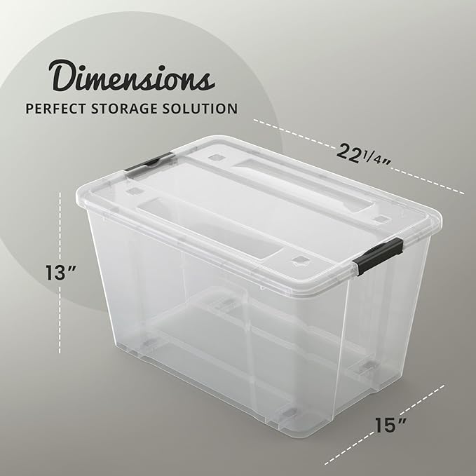 Lifetime Appliance Parts 6 PACK 54 Qt. Plastic Storage Bin Tote Organizing Container with Ultra Durable Lid & Secure Latching Buckles Stackable Extra Strength Clear w/Black Handle
