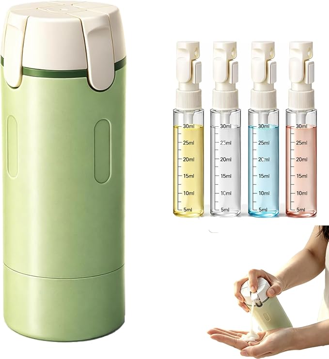 4 in 1 Travel Dispenser Bottle, 30ML Leak Proof Travel Size Toiletries Containers with Labels & Scale, Portable Refillable Travel Bottles for Shampoo Lotion Conditioner Cream, Carry Friendly(1 Green)